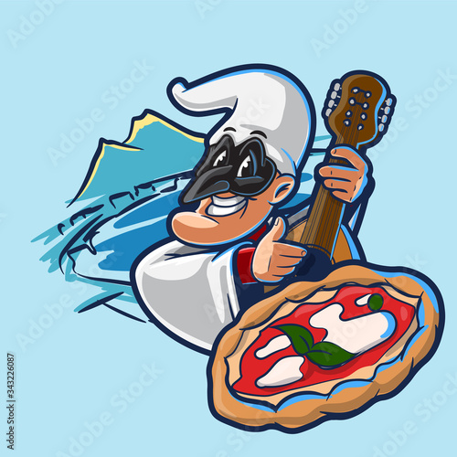 illustration of Naples with pizza and mandolin