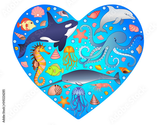 Marine illustration in the form of a heart with marine inhabitants inside. Vector image with fish, marine mammals and mollusks on a blue background in the form of a heart. I love the ocean. ecology 