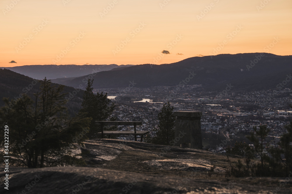 Sunset over Drammen city in Norway.