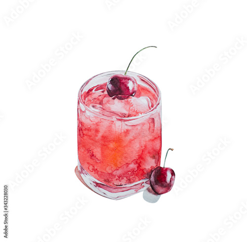 Wallpaper Mural Watercolor illustration of the freshly prepared coctail with ice and cherry Torontodigital.ca