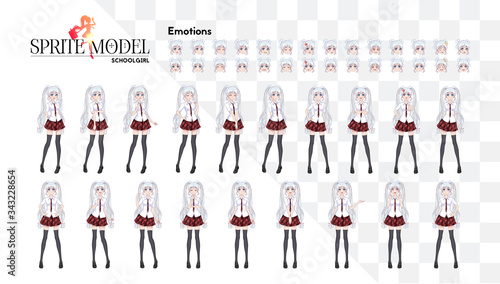 Set of emotions. Sprite full length character for game visual novel. Anime manga girl  Cartoon character in Japanese style. In a white shirt  a red skirt in a cage  a tie and black stockings-tights