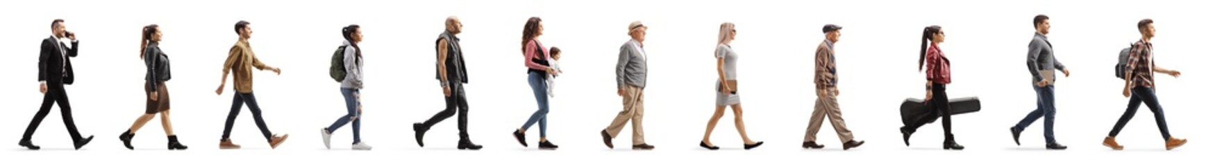 Long line of different profile people walking