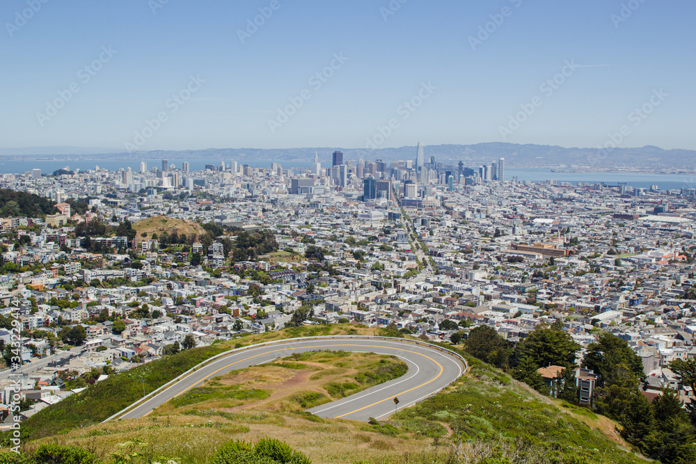 View on San Francisco city downtown and bay from famous touristic Twin Peaks hill. Beautiful scenery view on SF, California travel destination, Bay Area touristic spot, traveling in USA