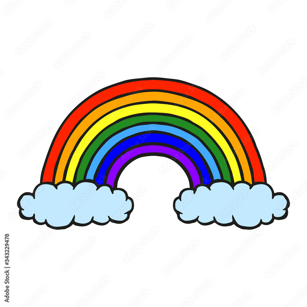 Beautiful cartoon rainbow with clouds. Front view. Hand drawn vector  graphic illustration. Ink drawing. Isolated object on a white background.  Isolate. Stock Vector | Adobe Stock