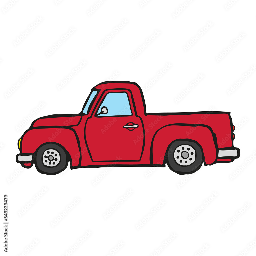 Old red farm pickup icon. Side view. Hand drawn vector graphic illustration. Isolated object on a white background. Isolate. Old red farm pickup icon. Side view. Hand drawn vector graphic illustration. Isolated object on a white background. Isolate.