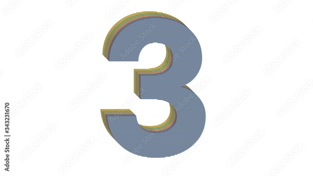 3D NUMBER MADE OF 4 COLORED FLAT BLOCK WITH WHITE BACKGROUND : 3 THREE 3D NUMBER MADE OF 4 COLORED FLAT BLOCK WITH WHITE BACKGROUND : 3 THREE
