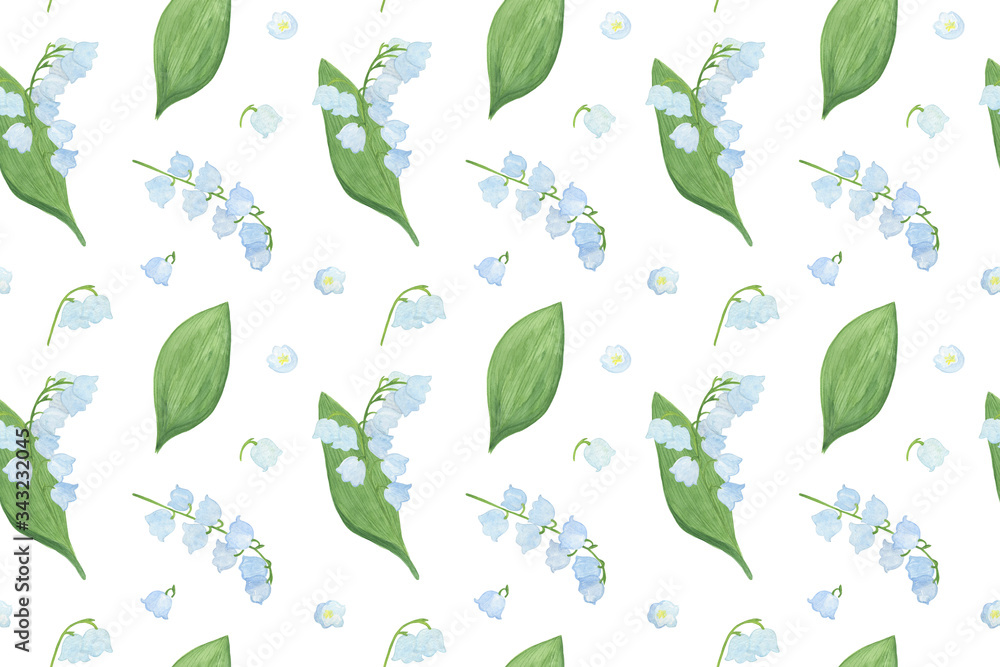 Lily-of-the-valley flower repeat pattern, watercolor illustration symbol of spring and happiness hand drawn white plants simple seamless pattern for greeting cards, invitations, textile Lily-of-the-valley flower repeat pattern, watercolor illustration symbol of spring and happiness hand drawn white plants simple seamless pattern for greeting cards, invitations, textile