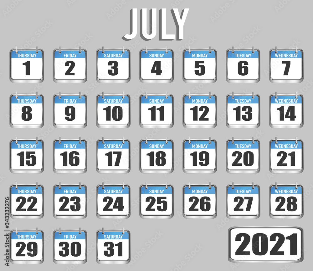 July of 2021 year. Month, day, week. Simply trendy design. Vector illustration background for web, business, reminder, planner, organiser July of 2021 year. Month, day, week. Simply trendy design. Vector illustration background for web, business, reminder, planner, organiser