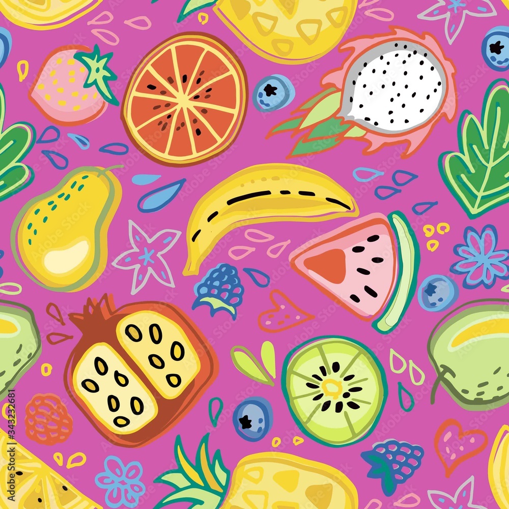 Seamless pattern with tropical fruits, flowers. Doodle style, cartoon. On colorful background. Seamless pattern with tropical fruits, flowers. Doodle style, cartoon. On colorful background.