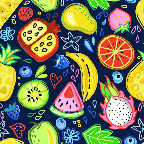 Seamless pattern with tropical fruits, flowers. Doodle style, cartoon. On colorful dark background.