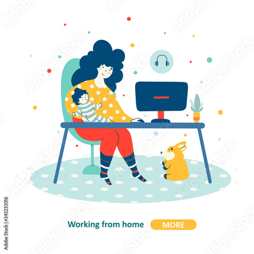 Home office mom baby, vector illustration flat people.