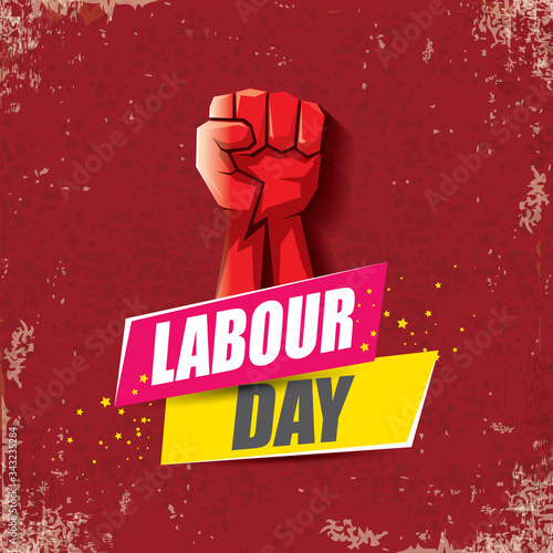 1 may Happy labour day vector label with strong protest fist in the air on vintage red background. vector happy labor day background or banner with man hand. workers may day poster