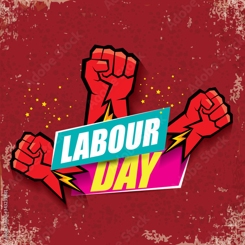 1 may Happy labour day vector label with strong protest fist in the air on vintage red background. vector happy labor day background or banner with man hand. workers may day poster