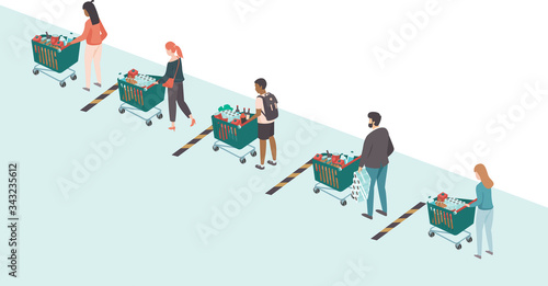 Shopping in supermarket during coronavirus COVID-19 pandemic outbreak. Social distancing concept.