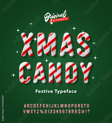 Vintage 3D Striped Christmas Candy Cane Inspired Alphabet. Retro Xmas Typeface. Original Festive Typography. 