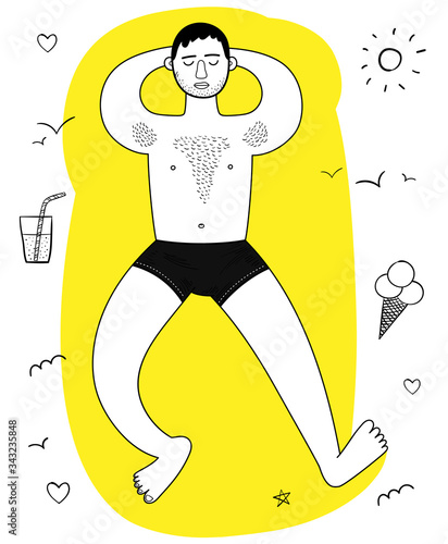 Young man hairy chest sunbathes. Arms under head. Full growth. Top view. Summer sun sea relax vector doodle illustration isolated on white background