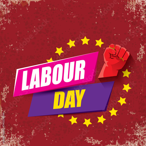 1 may Happy labour day vector label with strong protest fist in the air on vintage red background. vector happy labor day background or banner with man hand. workers may day poster