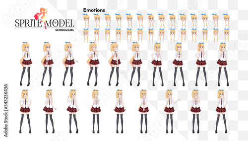 Set of emotions. Sprite full length character for game visual novel. Anime manga girl, Cartoon character in Japanese style. In a white shirt, a red skirt in a cage, a tie and black stockings-tights