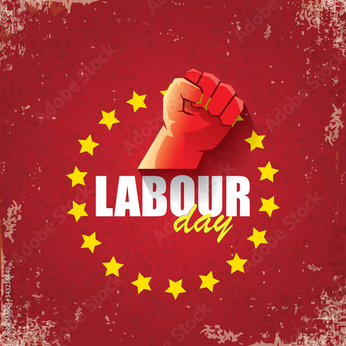 1 may Happy labour day vector label with strong protest fist in the air on vintage red background. vector happy labor day background or banner with man hand. workers may day poster