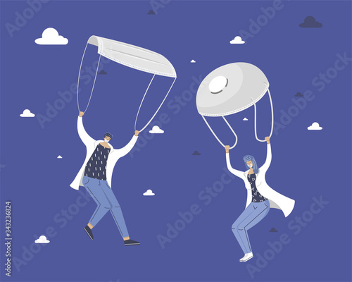Doctors descend on parachutes. Troopers with masks. Landing party. Coronavirus control concept. Vector illustration of doctors fighters with virus.