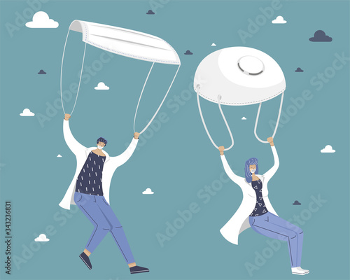 Doctors descend on parachutes. Troopers with masks. Landing party. Coronavirus control concept. Vector illustration of doctors fighters with virus.