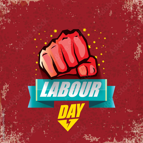 1 may Happy labour day vector label with strong protest fist in the air on vintage red background. vector happy labor day background or banner with man hand. workers may day poster