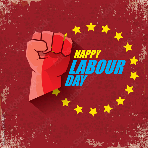 1 may Happy labour day vector label with strong protest fist in the air on vintage red background. vector happy labor day background or banner with man hand. workers may day poster