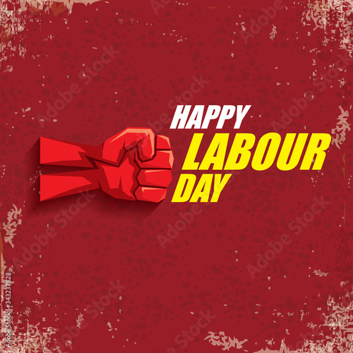 1 may Happy labour day vector label with strong protest fist in the air on vintage red background. vector happy labor day background or banner with man hand. workers may day poster