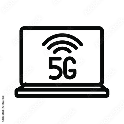 
Notebook laptop and the inscription 5g. 5g internet connection on the monitor. Harm 5g towers. Icon