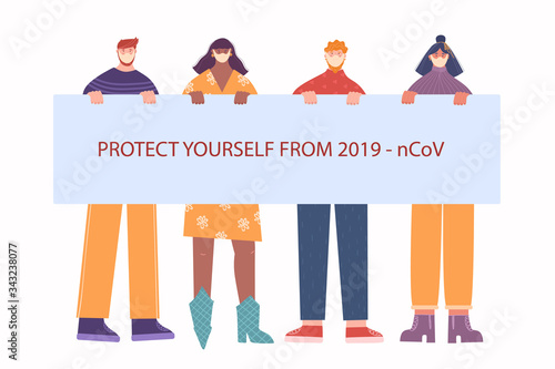 A group of people holds a poster. Stop coronavirus. Vector illustration.