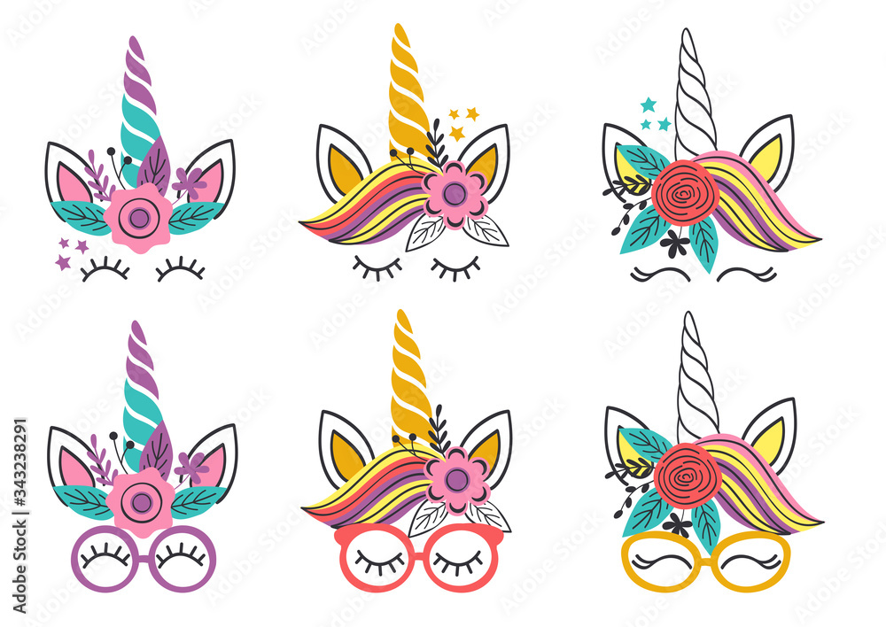 Set of isolated lovely unicorn faces.Cute unicorn faces.Unicorn heads. Vector illustration Set of isolated lovely unicorn faces.Cute unicorn faces.Unicorn heads. Vector illustration