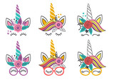 Set of isolated lovely unicorn faces.Cute unicorn faces.Unicorn heads. Vector illustration