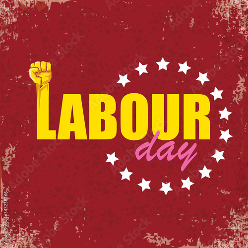 1 may Happy labour day vector label with strong protest fist in the air on vintage red background. vector happy labor day background or banner with man hand. workers may day poster