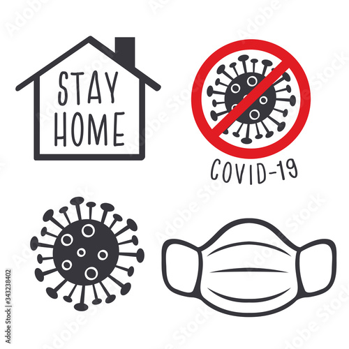 set of black isolated icons  stop coronavirus, stay home, medical mask.Global viral pandemic.
