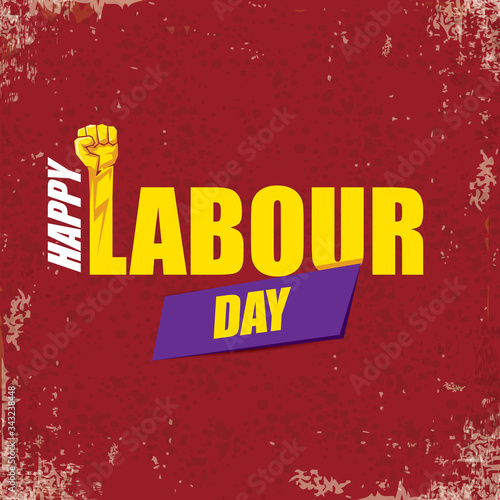 1 may Happy labour day vector label with strong protest fist in the air on vintage red background. vector happy labor day background or banner with man hand. workers may day poster