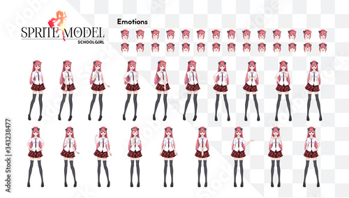 Set of emotions. Sprite full length character for game visual novel. Anime manga girl, Cartoon character in Japanese style. In a white shirt, a red skirt in a cage, a tie and black stockings-tights