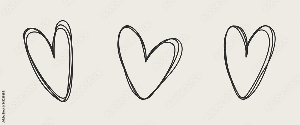 Set of unique hand drawn hearts. Painted design elements. Doodle style hearts collection.