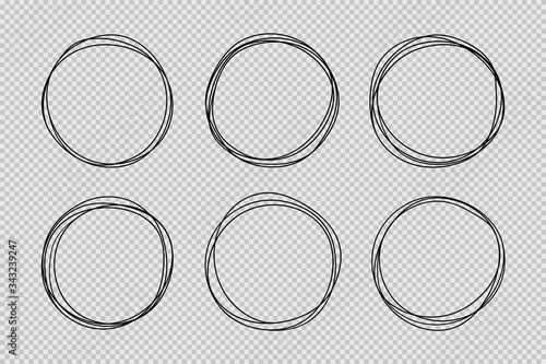Set of hand drawn circle line sketch set. Doodle vector circular scribble round circles for message note mark design element. Pencil or pen graffiti bubble or ball draft illustration.