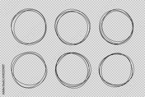 Set of hand drawn circle line sketch set. Doodle vector circular scribble round circles for message note mark design element. Pencil or pen graffiti bubble or ball draft illustration. © kokoshka