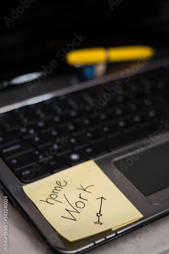 home office work with laptop planner and desk pens