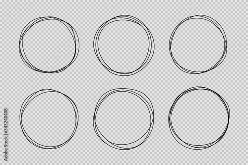 Set of hand drawn circle line sketch set. Doodle vector circular scribble round circles for message note mark design element. Pencil or pen graffiti bubble or ball draft illustration. © kokoshka