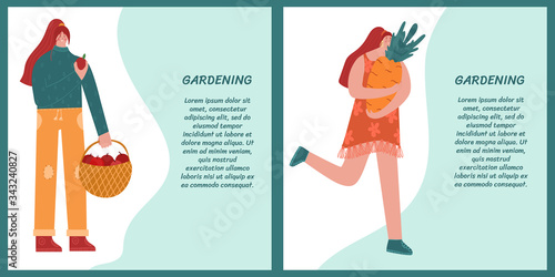 Gardening concept. Two posters with place for your text. Vector illustration of women with harvest.