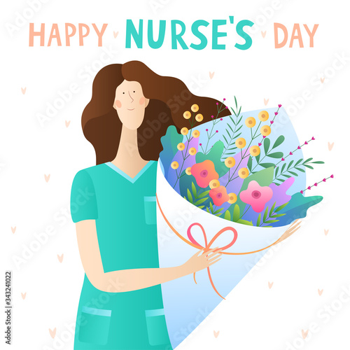 International Nurses Day. Holiday greeting card. Vector illustration. For posters, banners, cards.Nurse on a white background with a bouquet of flowers and text.