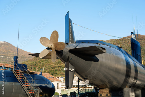 The propeller of the submarine. An old military submarine mounted on land in a museum in Tivat, Montenegro, in the Portro Montenegro area.