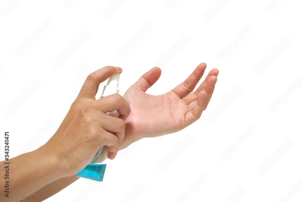 In selective focus of a male hands with sanitizer alcohol spray for cleaning hands hygiene prevention of Corona virus outbreak,on white isolated background
In selective focus of a male hands with sanitizer alcohol spray for cleaning hands hygiene prevention of Corona virus outbreak,on white isolated background