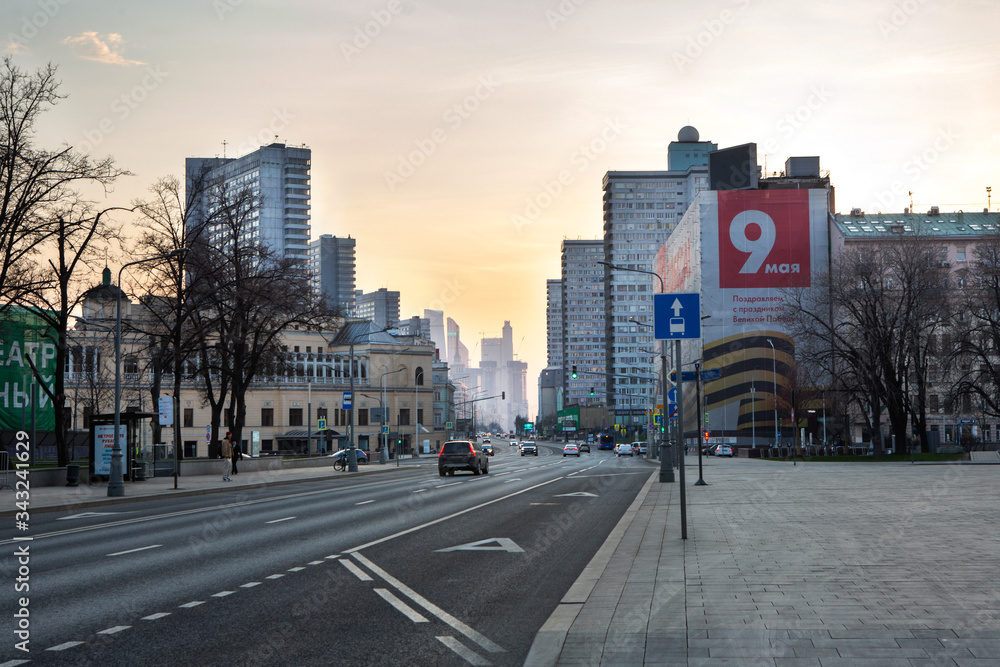 Russia, Moscow, April 2020. Empty streets of the city. Street New Arbat. A small number of cars. Quarantine in Moscow. There are no people on the street at all.