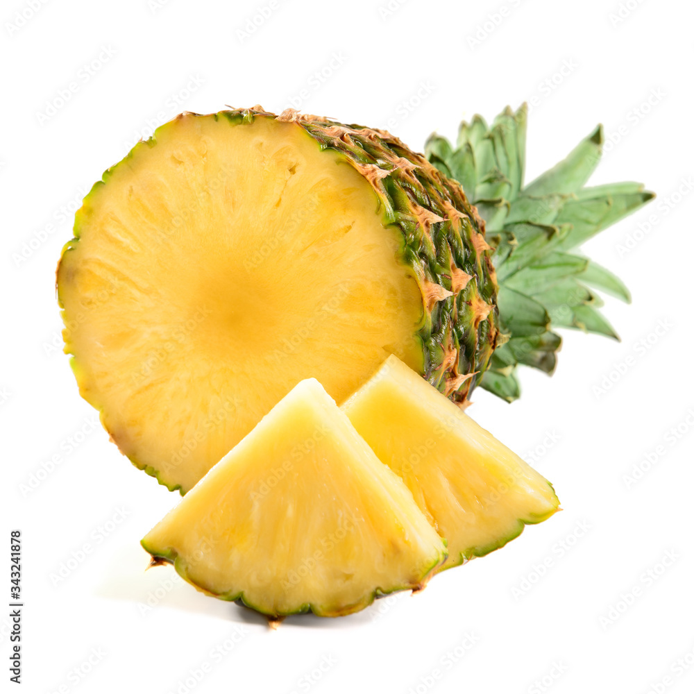 pineapple juicy yellow fruit with slices and leaf isolated on white background pineapple juicy yellow fruit with slices and leaf isolated on white background