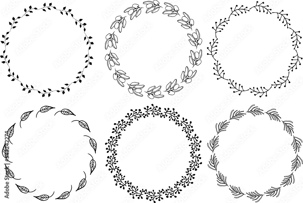 Hand drawn round frames and wreaths isolated on white background. Hand sketched design elements. Unique and ready to use. Hand drawn round frames and wreaths isolated on white background. Hand sketched design elements. Unique and ready to use.