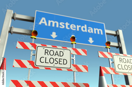 Roadblock near Amsterdam city traffic sign. Quarantine or lockdown in the Netherlands conceptual 3D rendering © Alexey Novikov