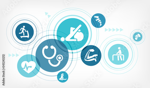 Sports medicine vector illustration. Concept with connected icons related to treatment of sports and exercise injuries, fitness and rehabilitation.
